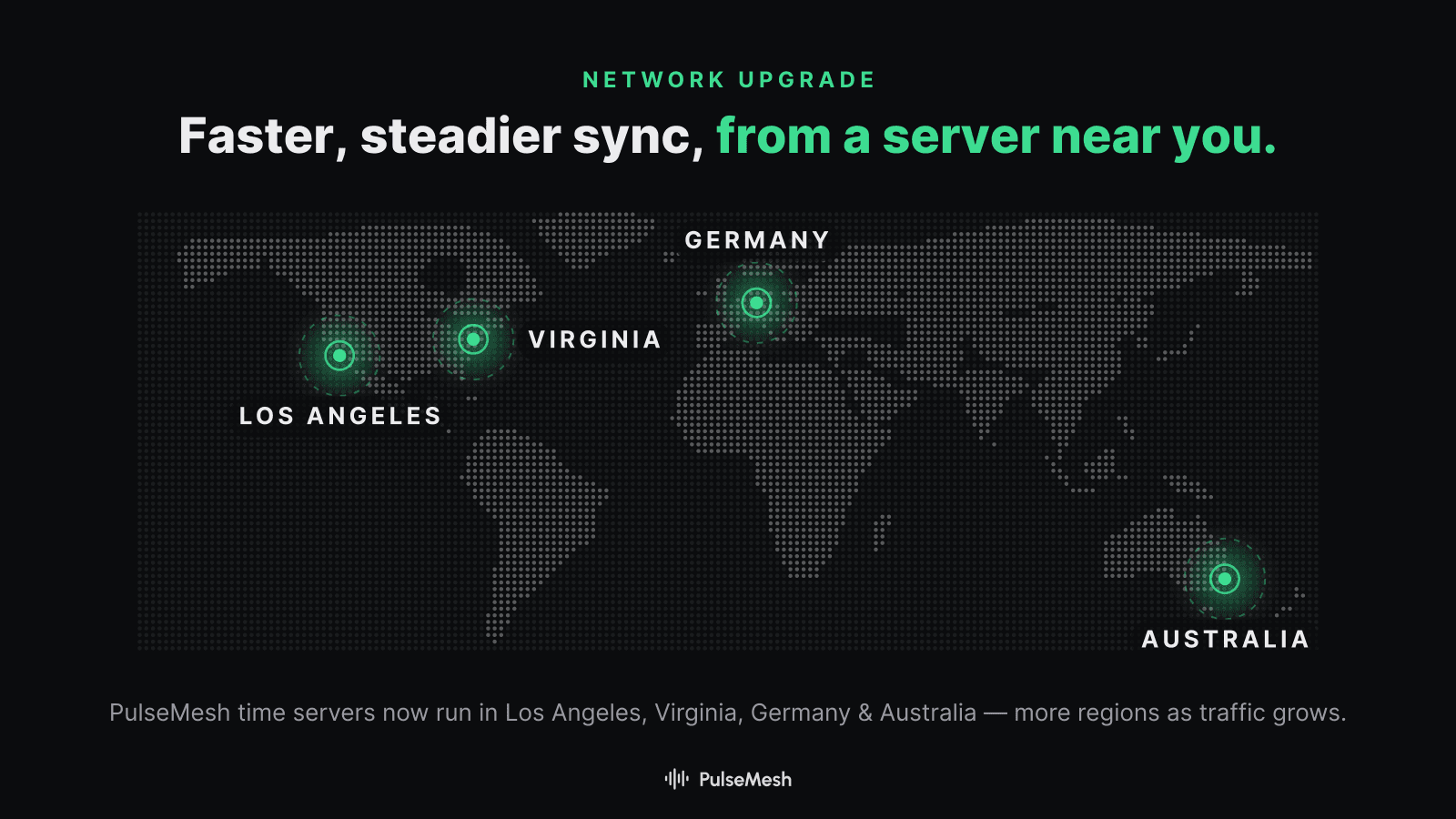 World map with PulseMesh time servers lit in Los Angeles, Virginia, Germany and Australia