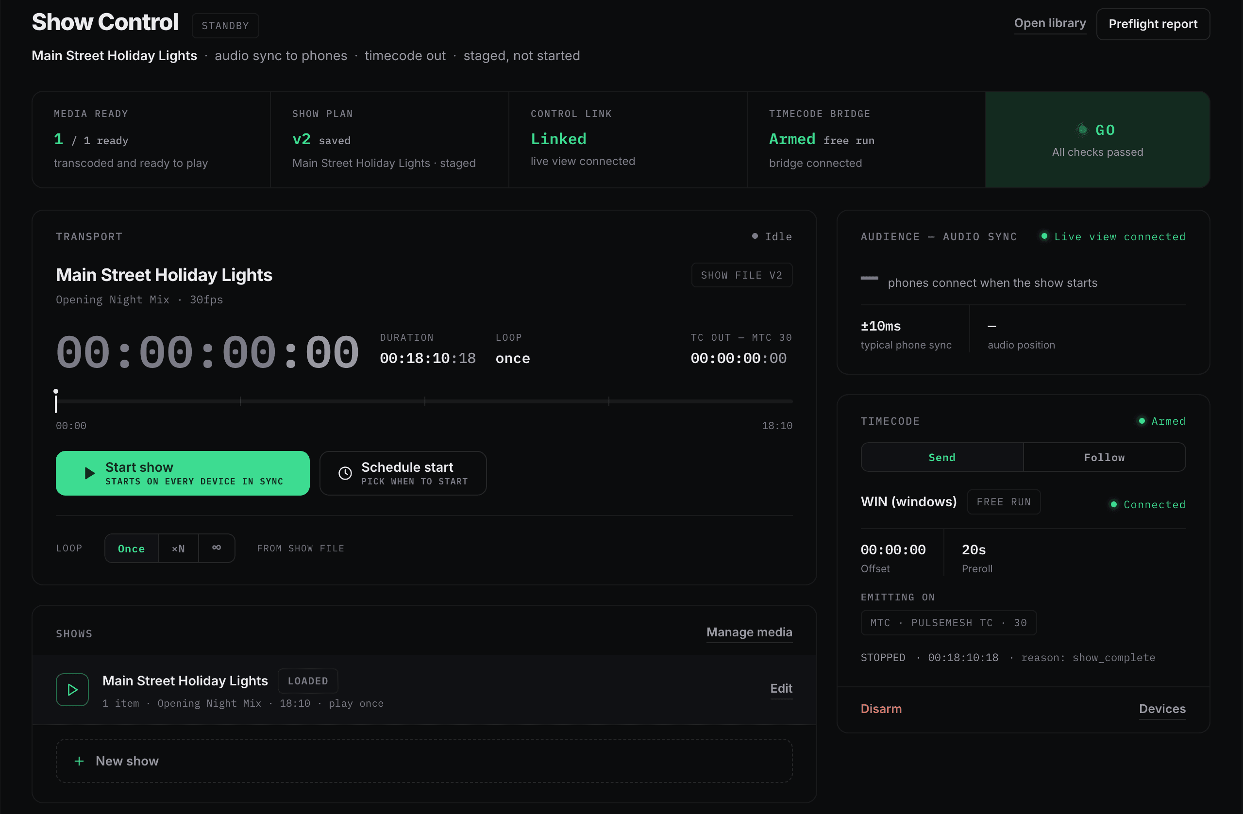 The Show Control console: preflight checks passed, transport with timecode readouts, and audience sync and timecode output panels