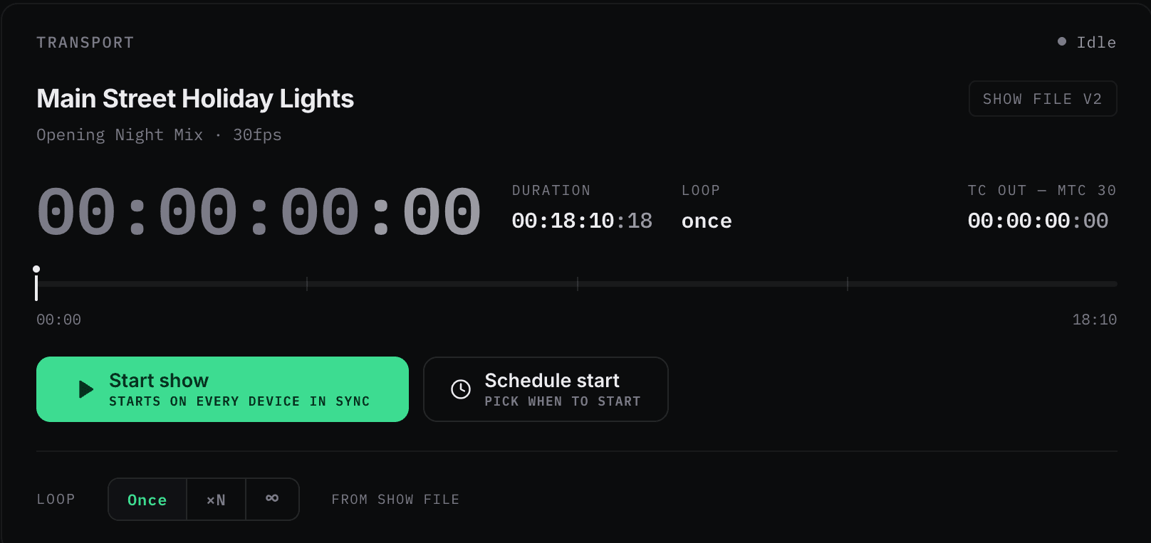 Der Show-Control-Transport: Showtitel, Timecode, Dauer und ein Start-Button, der jedes Gerät synchron startet